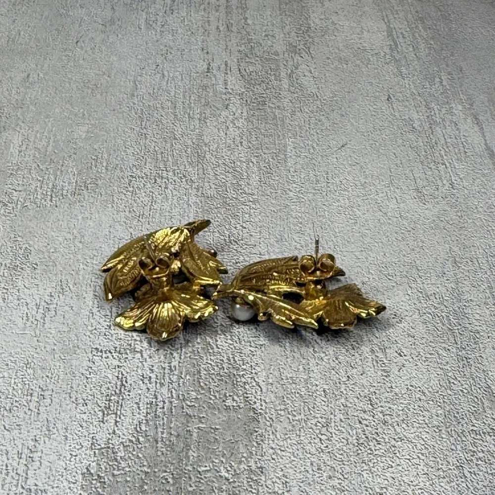 Vintage AVON Floral Brooch Earrings Set Gold Silver Tone Red Rhinestone Enamel